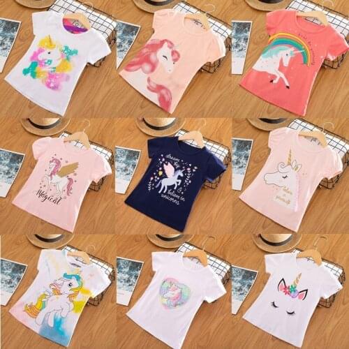 Summer Short Sleeve T-shirts For Girls Unicorn Tees Shirt 3-8 Years Children Clothes Kids Birthday Party T Shirt