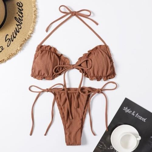 Hot Bikini 2021 Swimsuit Solid Color Bikini Set Floral Print Swimwear Sexy Biquini Bathing Suit Women Bikinis String Beach