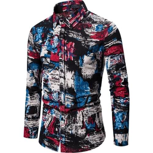 Mens Cotton Shirt Long Sleeve Turn Down Collar Cardigan Shirt With Floral Print Casual Single-Breasted Slim Type Tops