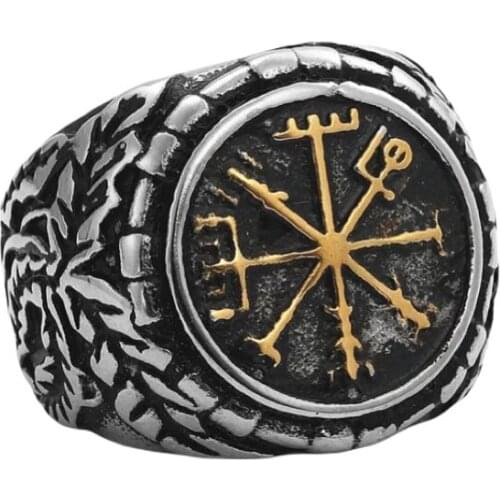 Dropshipping Stainless Steel Viking Compass Runic Statement Rings Men Vintage Color Nordic Viking Totem Odin Men Rings Jewelry