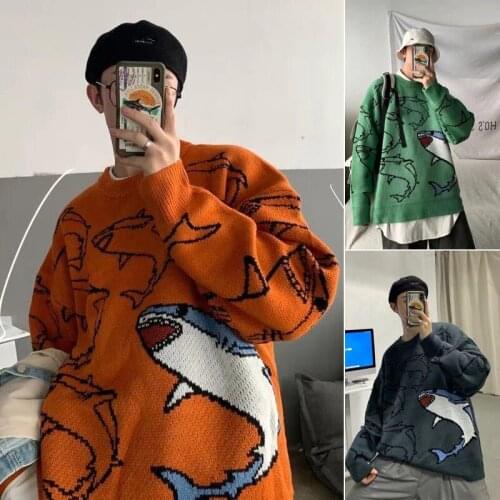 2021 Cool Shark Jumper Sweaters Streetwear Casual Hip Hop Long Sleeve Cardigan Knitwear Sweater Spring Autumn Rock Tops Males