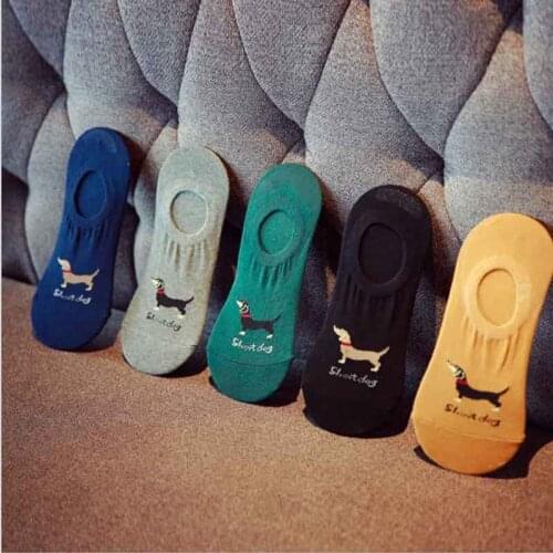 Summer Cotton Color Men Short Socks Funny Cartoon Dog Ankle Male Mens Sockken 5 Pairs Per Lot black blue yellow green grey