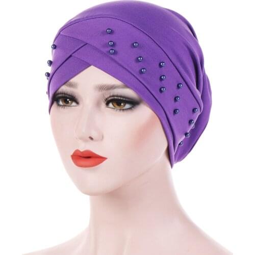 New Cross turban muslim stretch cap pearls Bead femme musulman Headwear Chemo Beanies Bonnet head wrap Muslim Indian elastic hat