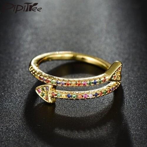 Pipitree Open Double Arrow Ring Gold Color CZ Zircon Austrian Crystal Women Girls Snake Rings Wedding Band Party Jewelry Gift