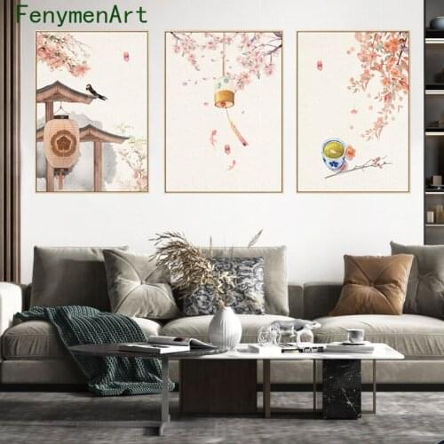 Japanese Style Landscape Posters Flowers Trees Chimes Canvas Painting Retro Prints Wall Art Pictures for Living Room Home Decor