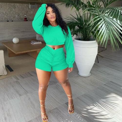 Casual Solid Sportswear Draped Two Piece Sets Women Full Sleeve Crop Top+ruched Bodycon Shorts Matching Sets Loungewear Outfits