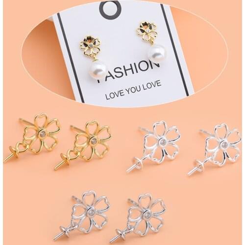 S925 sterling silver semi-finished accessories love petal flower earrings handmade DIY empty care accessories