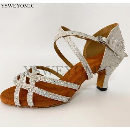 Silver rhinestones Latin Dance Shoes Low Heel 6cm For Practise Latin Ballroom Dance Shoes in Size 34-44 Suede Outsole Dance Shoe