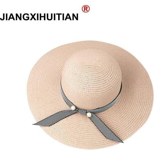 Summer Pearls straw hat women big wide brim beach hat sun hat foldable sun block UV protection panama hat bone chapeu feminino