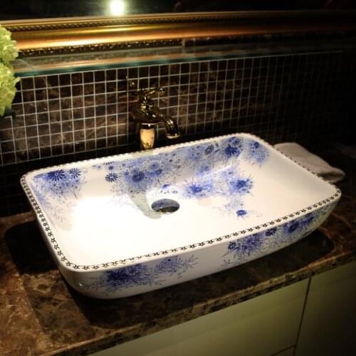 Blue and white Bathroom ceramic counter top sink Rectangular wash basin popular in europe art basin lavabo chinese basin