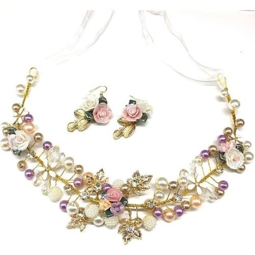 Bridal Wedding Headwear Handmade Pearl Purple Ceramic Flower Soft Chain Headband Hair Strap Dress Hair Accessories Wedding