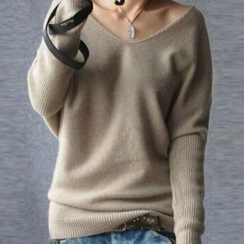 Loose Cashmere Sweater Female Fashion Sexy V-neck Pullover Knitted Sweater Basic wool batwing sleeve All-match Base Tops