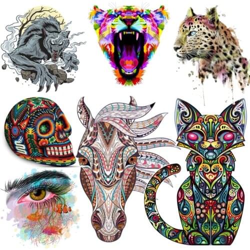 Pulaqi Punk Lion Iron On Heat Transfer Animal Patches for Clothing DIY Stripe Vinyl Badge Applique Jacket Fashion Stickers Decor