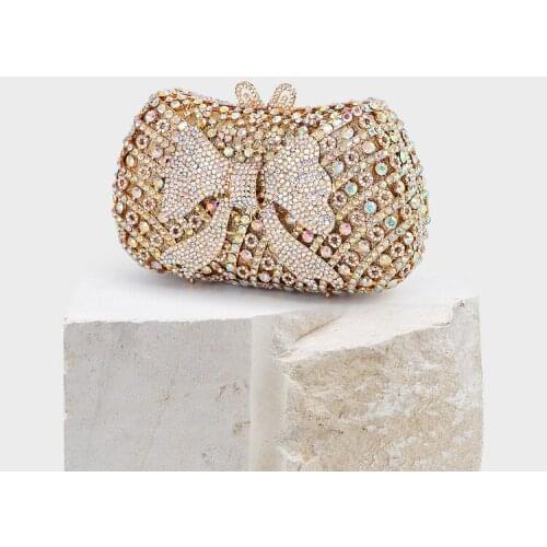 XIYUAN Lady Gold Color Bow Crystal Diamond Clutches Bags Women Evening Clutch Minaudiere Bag Bridal Wedding Bride Handbag Purse