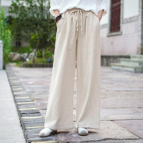 Women Cotton Linen Solid Color Elastic Waist Wide Leg Pants Female Loose Flax Casual Vintage Wide Leg Trousers Ladies Pants