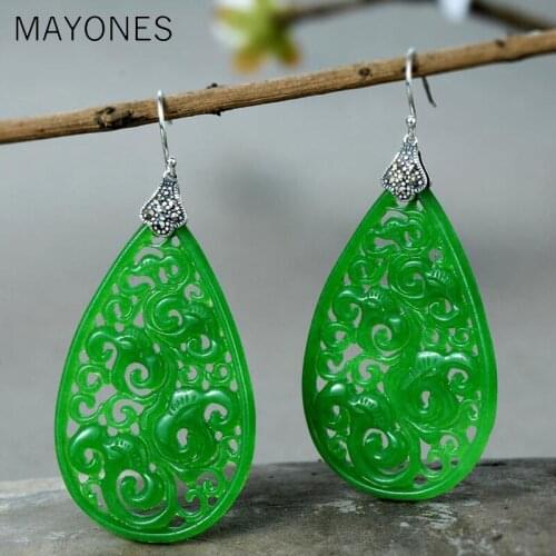 MAYONES Natural Green Jade Earrings For Women Real 925 Sterling Silver Jewelry Hollow Flowers Design Water Drop Earrings