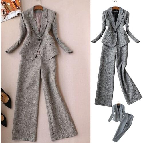 2 piece set women business suits plaid wool blends blazer with pants ladies office uniform formal pant suits