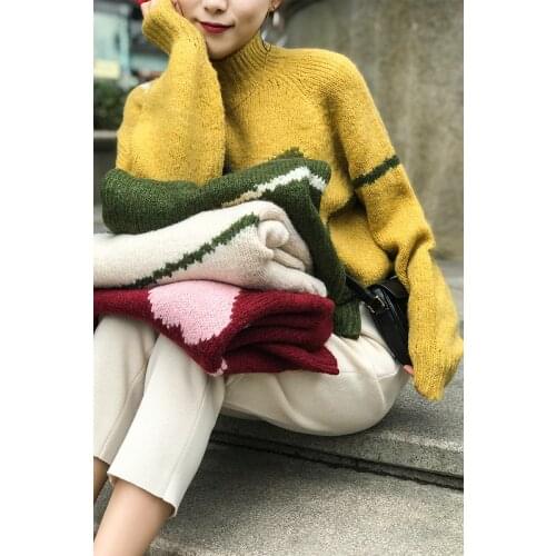 Women Sweater Autumn and Winter Love Painted Lines Loose Hood Thick Rod Needle Shape Wool Sweater