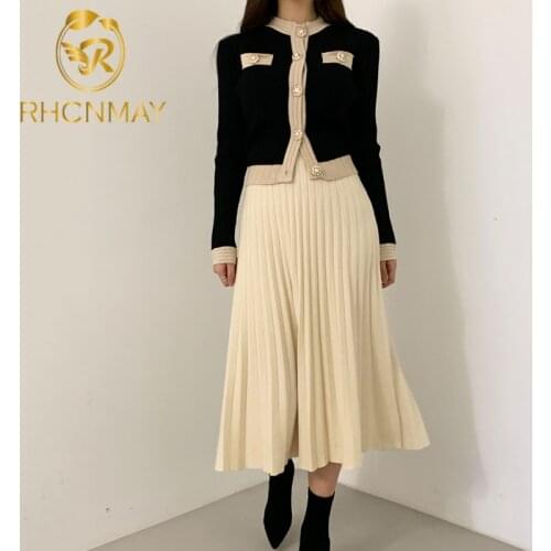 2020 Vintage Ladies Knitted 2 Piece Skirt Suits Sets Women Single Breasted Pearl Buttons Cardigan + Pleated Long Skirt Suit