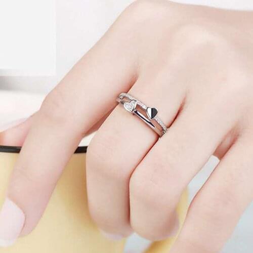 Copper Silver Plated Double Hearts Open Resizeable Female Ring Crystal Women Engagement Finger Anillos Wholesale Dropshipping