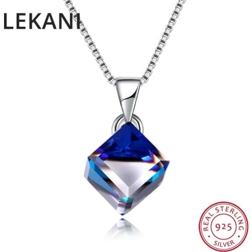 LEKANI Crystals From Swarovski Blue Cube Pendant Necklace Simple Trendy Collars Real S925 Silver Fine Jewelry For Women Girls