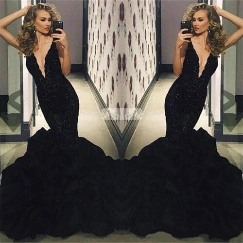 2020 Deep Plunging V Neck Black Mermaid Prom Dresses Beads Lace Celebrity Evening Wear Party Gowns With Beaded