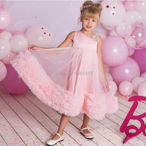 2020 Pink Flower Girl Dress Lace Girls Pageant Fluffy Tulle Dresses First Communion Christening Dresses AG0099