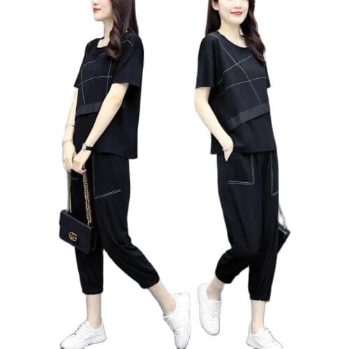 2021Summer New Set Fashion Casual Two-Piece Female Short-Sleeved T-Shirt Women Seven-Point Harem Pants Plus Size Ladies Suit 343
