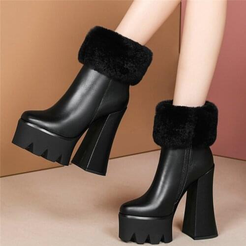 2020 Winter Warm Rabbit Fur Casual Shoes Women Genuine Leather High Heel Snow Boots Female Round Toe Chunky Platform Pumps Shoes