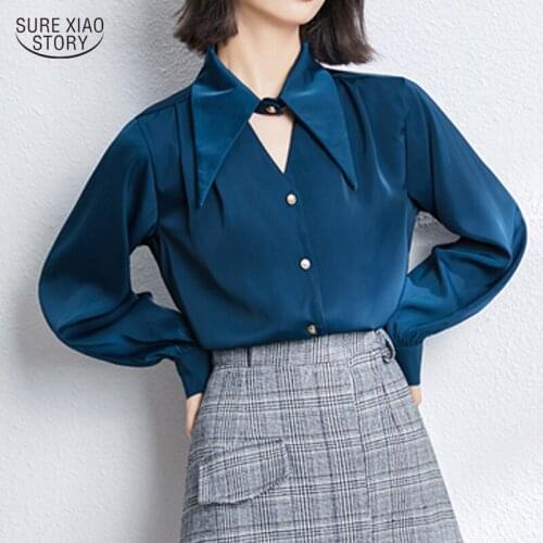 2021 V-neck Senior Satin Blouse Woman Autumn Elegant Gentle Lady Shirt Solid Long-sleeved Shirt Woman Clothes Blusas Mujer 15812
