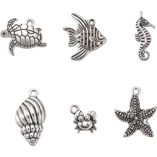 5 Sets (6pcs/set) Mixed Ocean Style Pendants Helix Sarfish Sea Horse Crab Fish Tortoise Charms Jewelry Decor