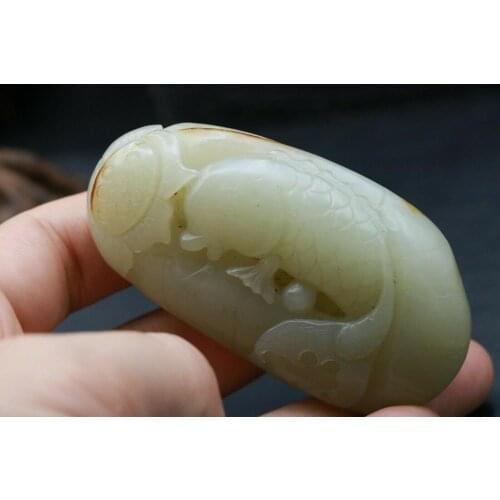 Big Treasure Chinese Vintage Hetian Jade Gold Fish W LOTUS Totem Pendant Carving Amulet Timestown 20201128A