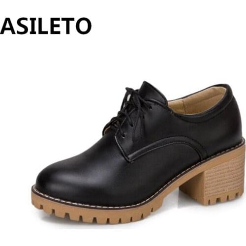 ASILETO 2021 Retro Ladies Pumps Concise Platforms Lace Up Vintnge Round Toe 6CM Chunky Heel Shoes US11 12 Black Beige A4393