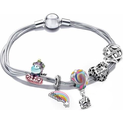 Fit Pan Bee Happy Heart Unicorn Rainbow Charms Bracelets for Women DIY Colors Hot Air Balloon Beads for Jewelry Making Girl Gift