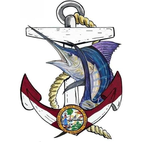 Dawasaru Florida Flag Anchor with Marlin Vinyl Decal Car Truck RV Boat Waterproof Car Stickers Cartoon Graphics 13cm*10cm