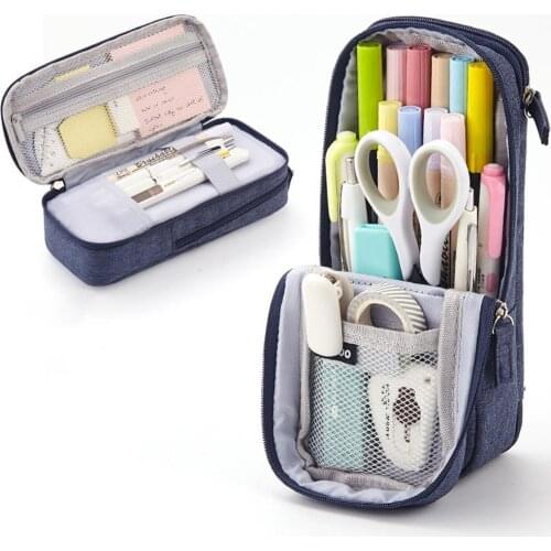 Double Layer Stand Pencil Stationery Case Large Capacity Make Up Bag Gift Supply Multifunctional Portable Smooth Zipper Closure