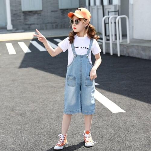 Kids Summer Jean Overall Calf-Length Pants with Straps for Girls Denim Suspender Trousers Child Loose Causal Jumpsuit Bib Pants
