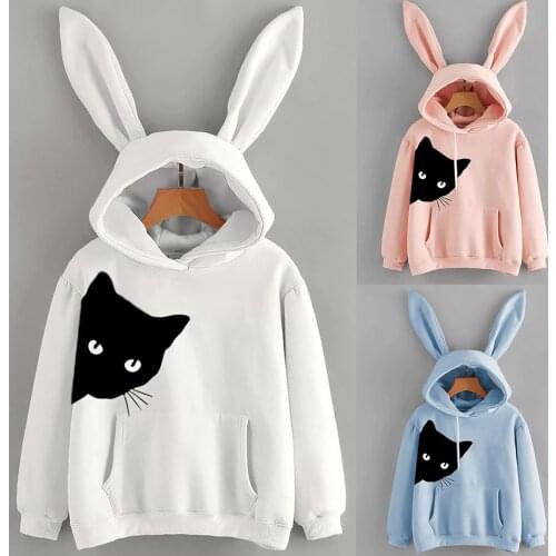 2021Women Herfst Winter Vrouwen Hoodies Kawaii Konijnenoren Mode Hoody Casual Effen Kleur Warm Sweatshirt Hoodies Voor Vrouwen