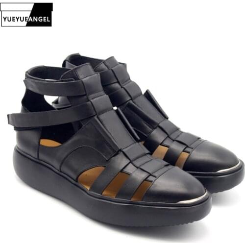Handmade Platform High Top Men Sandals Street Classic Hollow Out Real Leather Gladiator Shoes Plus Size Casual Beach Sandals