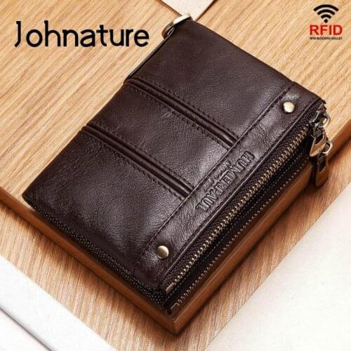 Johnature Rfid Anti Theft Men Wallets 2020 New Casual Cow Leather Coin Purse Multifunctional Double Zipper Wallet Card Holder