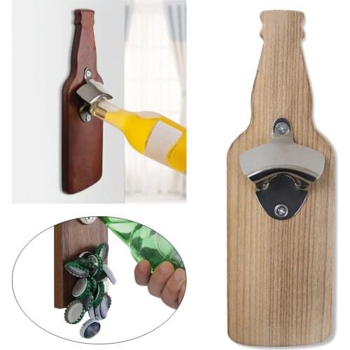 Wall Mount Bottle Opener With Embedded Magnetic Cap Catcher in Solid Wood Can Opener Drink Bar Tool Household Kitchen Tool