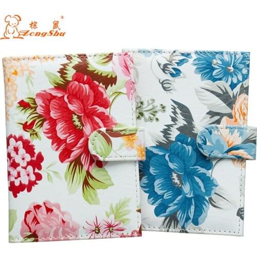 Blue buckled card peony flower PU Leather passport holder women passport case multifunctional travel clip with travling