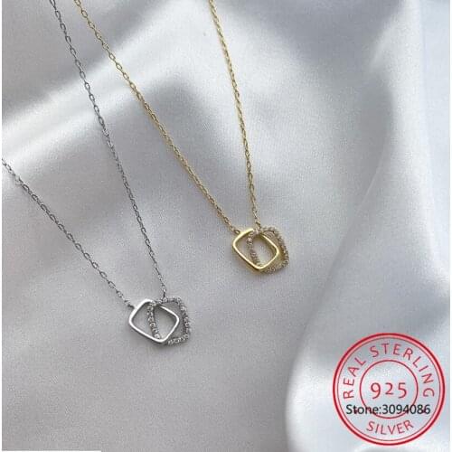 925 Sterling Silver Double Square Interlocking Necklace for Women Shiny Zircon Geometric Clavicle Chain Choker Jewelry