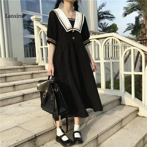 Lolita dressl Japanese Style College Style Loose Mid-Length Sailor Collar Short Sleeve Dress Womens Spring and Summer