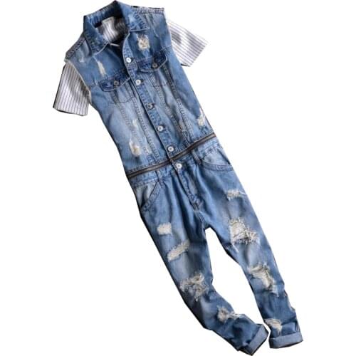 Mono vaquero sin mangas para hombre, pantalones vaqueros rasgados de Hip-Hop, informales de cintura extraíble, pantalones Cargo