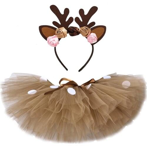 Fluffy Brown Deer Girl Tutu Skirt Christmas Costume Kids Reindeer Tulle Skirt for Halloween Carnival Children Outfit 1-14 Years
