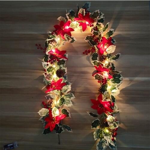 Glowing Christmas Rattan Festival Supplies Red Poinsettias Pine Cones And Berries Flowers Garland For Christmas Home Decoration