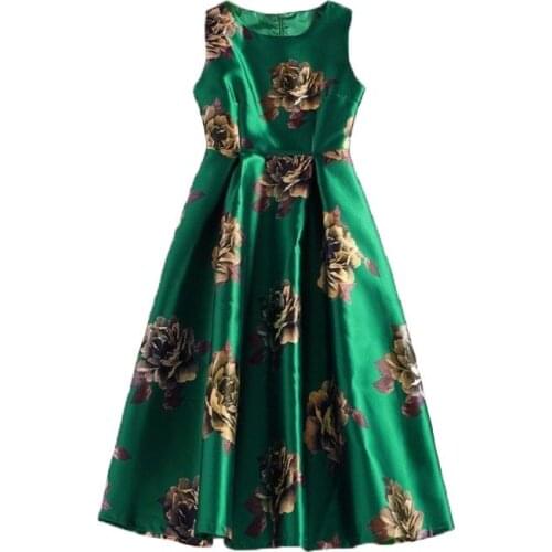 BunniesFairy 2020 Spring Vintage Rose Retro Flower Floral Print Green Vest Dresses Sleeveless Wedding Black Print Swing Dress