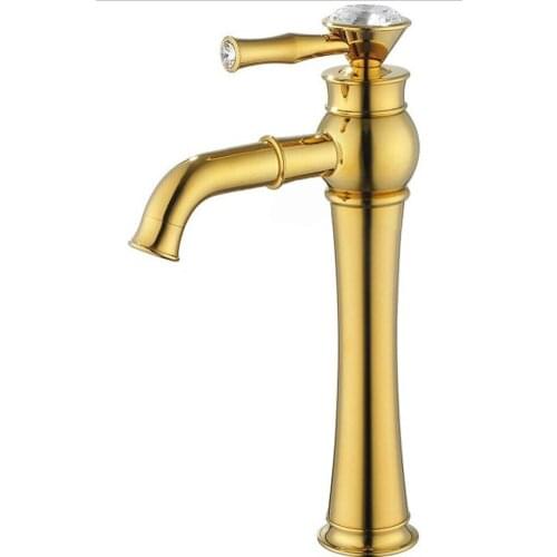 GOLD PVD Single hole bathroom vessel sink tall faucet mixer tap new WITH crystal free Ship