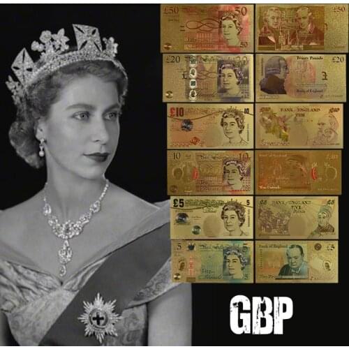 WR United Kingdom Pounds 5 10 20 50 Banknote 24K Gold Plated Elizabeth II Replica Banknote Paper Money For Collection 6Pcs